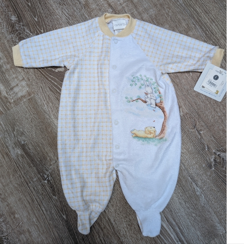 NWT VTG Carter's White Yellow Bear Bunny Button Up Sleeper Footie 0-3 Months